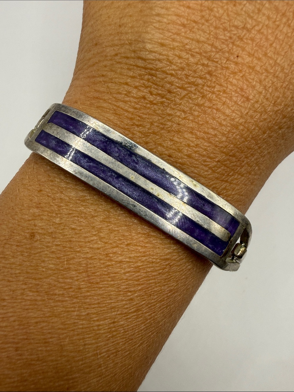 Vintage Alpaca Mexico Silver Purple Bangle Cuff Statement Bracelet